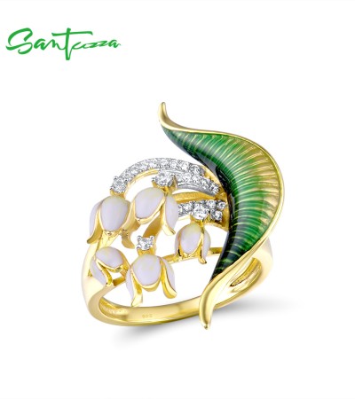 SANTUZZA 925 Sterling Silver Handmade Rings White Cubic Zirconia Enamel Flower Ring Fine Jewelry - US 10
