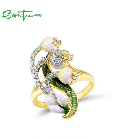 SANTUZZA 925 Sterling Silver Rings White CZ Handmade Enamel Flower Ring Delicate Fine Jewelry - US 6