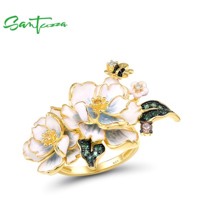 SANTUZZA 925 Sterling Silver Rings Green Spinel Yellow White CZ Enamel Flower Fine Jewelry - US 8