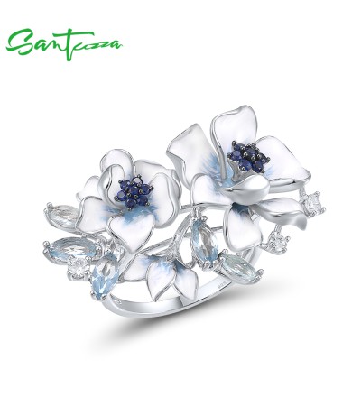 SANTUZZA 925 Sterling Silver Rings Blue Stones White CZ Handmade Enamel Flower Ring Fine Jewelry - US 6
