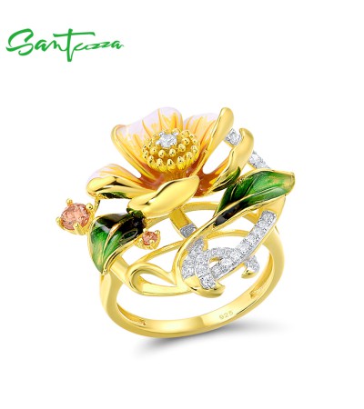 SANTUZZA Silver Rings For Women 925 Sterling Silver Yellow Flower Jewelry Enamel - US 9
