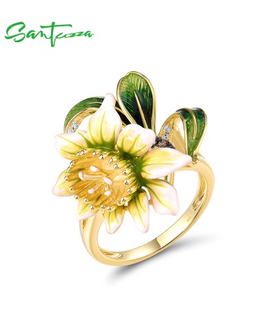 SANTUZZA 925 Sterling Silver Rings White Chocolate CZ Enamel Charming Flower Jewelry - US 9