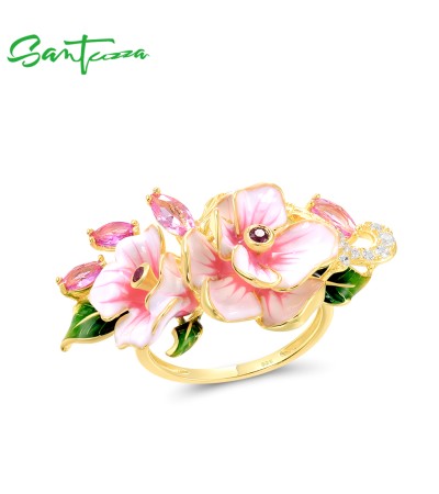 SANTUZZA 925 Sterling Silver Rings Red Pink Stones White CZ Enamel Flower Ring Fine Jewelry - US 8