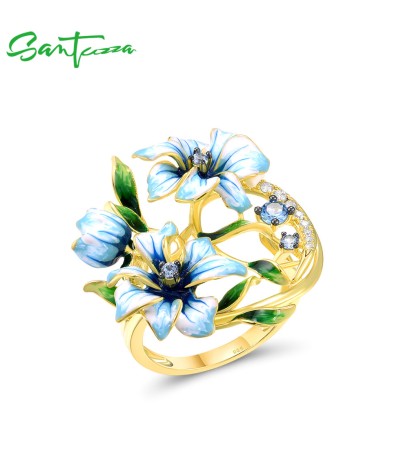 SANTUZZA 925 Sterling Silver Rings Blue Spinel White CZ Handmade Enamel Flower Ring Jewelry - US 7