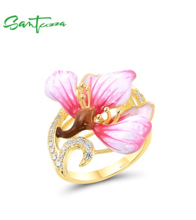 SANTUZZA 925 Sterling Silver Rings White CZ Handmade Enamel Flower Ring Fine Jewelry - US 6