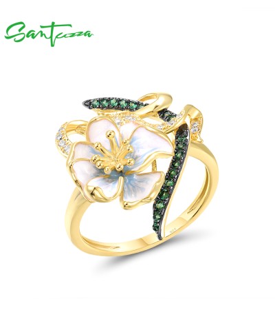 SANTUZZA 925 Sterling Silver Rings Green Spinel White CZ Handmade Enamel Flower Fine Jewelry - US 9