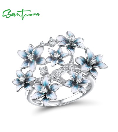 SANTUZZA 925 Sterling Silver Rings White Cubic Zirconia Handmade Enamel Flower Ring Fine Jewelry - US 10