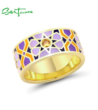 SANTUZZA 925 Sterling Silver Rings Yellow Nano Cubic Zirconia Purple Geometric Enamel Jewelry - US 8
