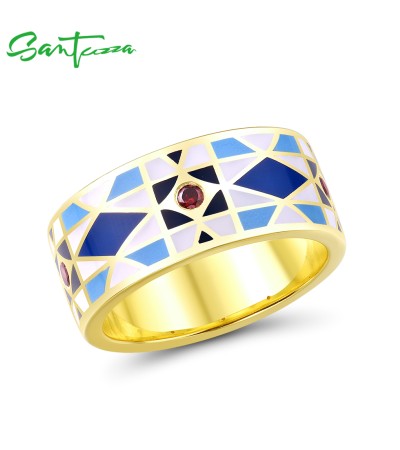 SANTUZZA 925 Sterling Silver Rings Garnet Cubic Zirconia Blue Rhombus Enamel Jewelry - US 6