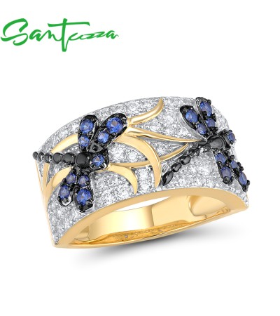 SANTUZZA 925 Sterling Silve Dragonfly Rings Blue Spinels White Cubic Zirconia Jewelry - US 6.5