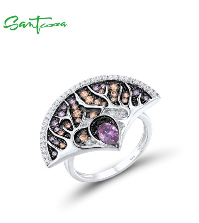 SANTUZZA 925 Sterling Silver Rings Black Spinel Amethyst White CZ Fan Shape Jewelry - US 6