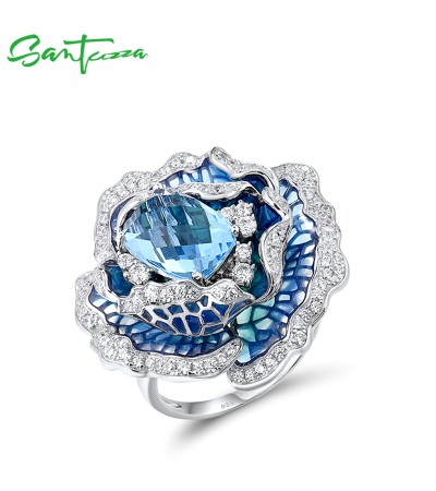 SANTUZZA 925 Sterling Silver Ring Blue Blooming Flower Fine Jewelry Enamel - US 9