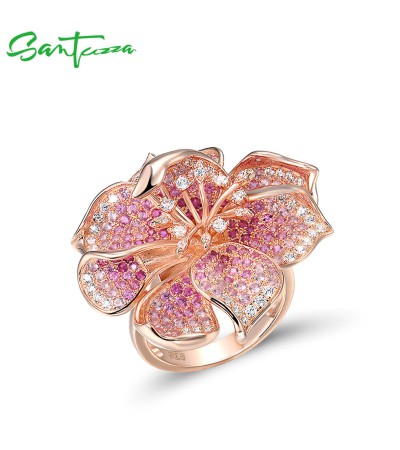 SANTUZZA 925 Sterling Silver Ring Created Ruby Pink Sapphire Flower Blossom Jewelry - US 7