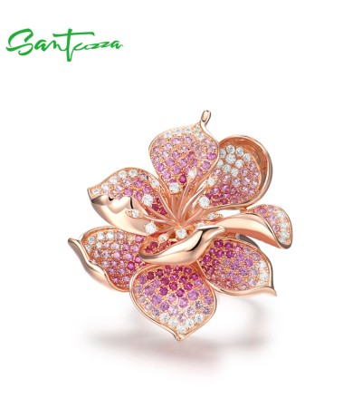 SANTUZZA 925 Sterling Silver Ring Created Ruby Pink Sapphire Flower Blossom Jewelry - US 7