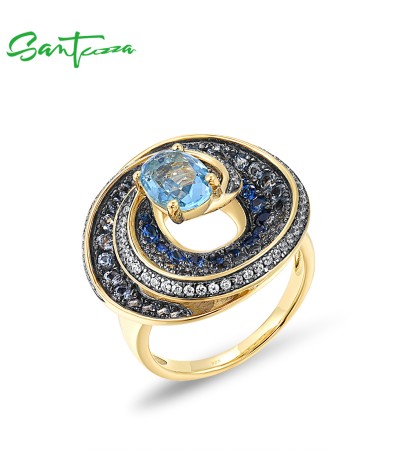 SANTUZZA Silver 925 Sterling Silver Ring Blue Stones White CZ  Fine Jewelry - US 9