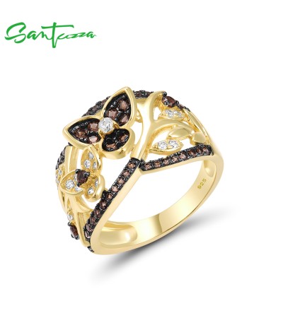SANTUZZA 925 Sterling Silver Rings Nano Brown Spinel White CZ Gold Plated Flower Jewelry - US 7