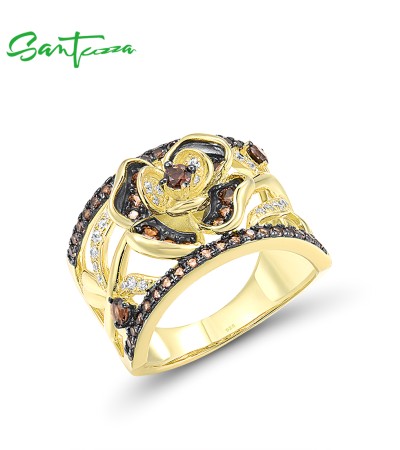 SANTUZZA 925 Sterling Silver Rings Nano Brown Spinel White CZ Gold Color Flower Ring Jewelry - US 7