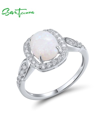 SANTUZZA 925 Sterling Silver Rings White CZ Created Opal Solitaire Fine Jewelry - US 9