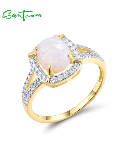 SANTUZZA 925 Sterling Silver Rings White CZ Created Opal Solitaire Fine Jewelry - US 8