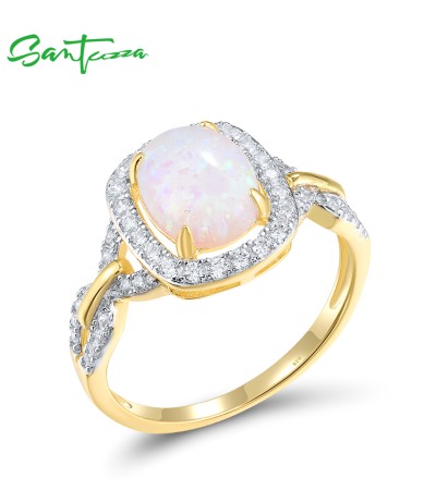 SANTUZZA 925 Sterling Silver Rings White CZ Created Opal Solitaire Fine Jewelry - US 9