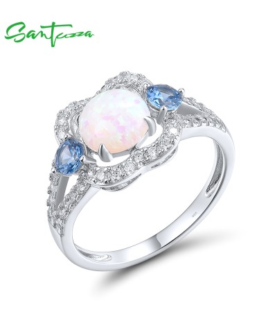 SANTUZZA 925 Sterling Silver Rings Blue Stone Created Opal Solitaire Fine Jewelry - US 7
