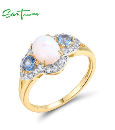 SANTUZZA 925 Sterling Silver Rings Blue Spinel Created Opal Solitaire Fine Jewelry - US 8