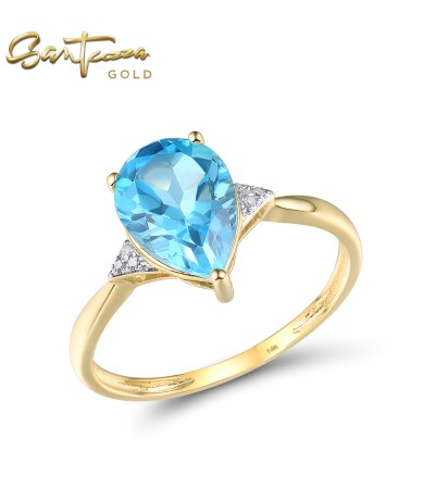 SANTUZZA 14K 585 Yellow Gold Ring Sparkling Diamond Blue Topaz Fine Jewelry - US 5.5