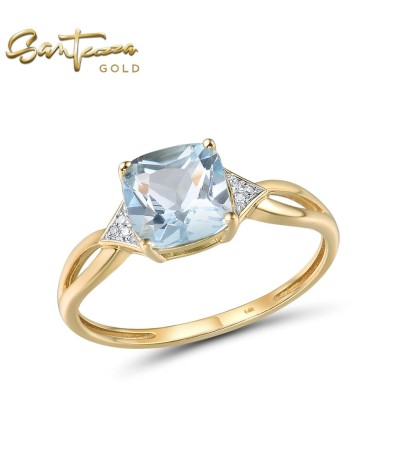 SANTUZZA 14K 585 Yellow Gold Ring Diamond Sky Blue Topaz Fine Jewelry - US 6.5