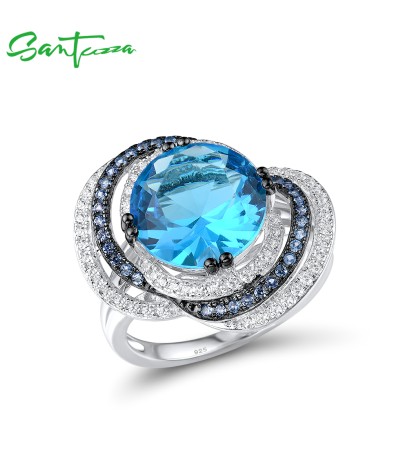 SANTUZZA Silver Ring 925 Sterling Silver Blue Glass Spinel White CZ Round Ring Jewelry - US 9