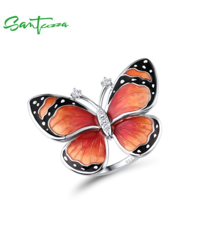 SANTUZZA 925 Sterling Silver White CZ Coral Red Enamel Butterfly Ring Fine Jewelry  - US 10