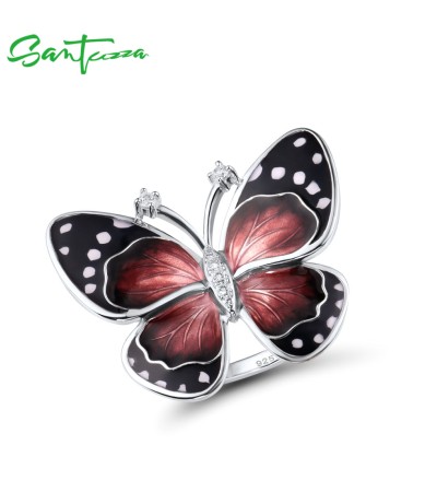 SANTUZZA 925 Sterling Silver Rings White CZ Black Red Enamel Butterfly Jewelry  - US 7