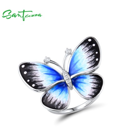 SANTUZZA 925 Sterling Silver Butterfly Rings White CZ Black Blue Enamel Jewelry  - US 6