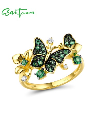 SANTUZZA 925 Sterling Silver Ring Butterfly Gold Color Green Spinel Fine Jewelry - US 8