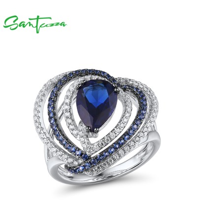 SANTUZZA Silver Ring 925 Sterling Silver Heart Blue Stones Jewelry - US 9
