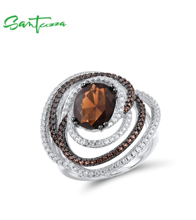 SANTUZZA Silver Ring 925 Sterling Silver Brown Smoky Glass Round Jewelry - US 7
