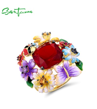 SANTUZZA 925 Sterling Silver Rings Colorful Flowers Ladybug Red Enamel Jewelry - US 7