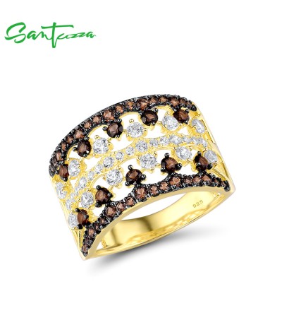 SANTUZZA 925 Sterling Silver Rings Nano Brown Spinel White CZ Gold Plated Lace Jewelry - US 8