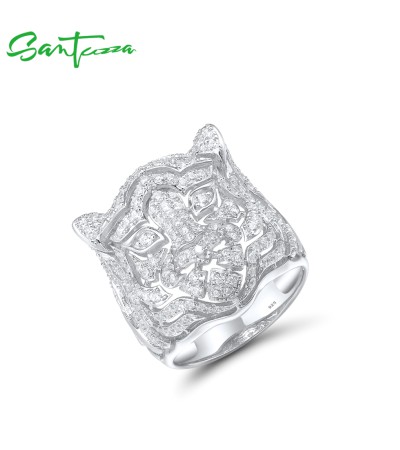 SANTUZZA 925 Sterling Silver Neutral Ring White Cubic Zirconia Cute Tiger Animal Jewelry - US 6