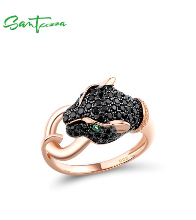 SANTUZZA 925 Sterling Silver Ring  Dazzling Black Green Spinel Leopard Panther Animal  Jewelry - US 8.5