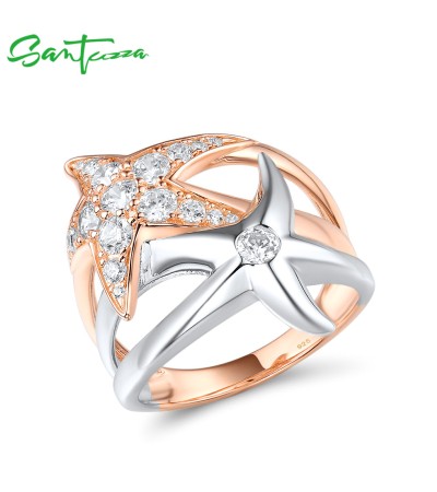 SANTUZZA 925 Silver Rings Sterling Silver White CZ Rose Gold Plated Twinkle Star Geometric Jewelry - US 7