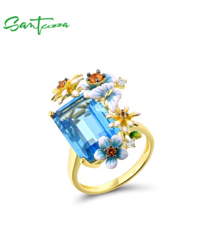 SANTUZZA 925 Sterling Silver Rings Gold Color Blue Stone Enamel Flowers Butterfly Fine Jewelry - US 10