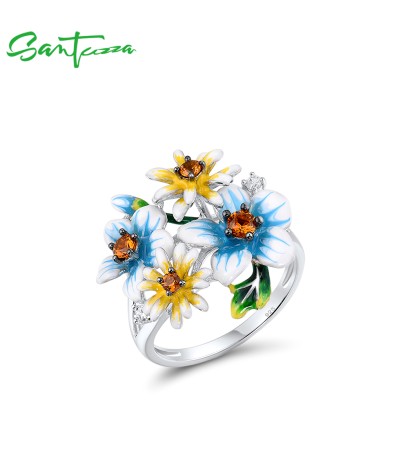 SANTUZZA 925 Sterling Silver Rings Blue Yellow Blooming Flowers Fine Jewelry Enamel - US 8