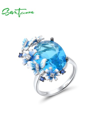 SANTUZZA 925 Sterling Silver Rings Shiny Oval Blue Stone Enamel Flowers Butterfly Ring Jewelry - US 9