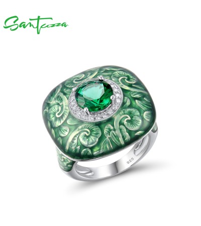 SANTUZZA 925 Sterling Silver Enamel Rings Green Glass White CZ Square Ring Fine Jewelry - US 8