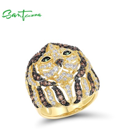 SANTUZZA 925 Sterling Silver Lion Ring For Women White CZ Nano Brown/ Green Spinel Gold Color Jewelry - US 8