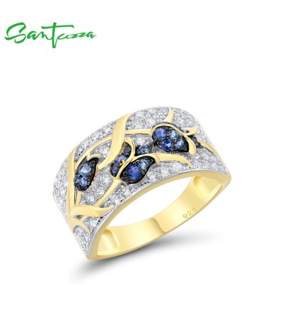 SANTUZZA 925 Sterling Silver Ring Blue Spinels White CZ Tulip Flower Gold Color Jewelry - US 8