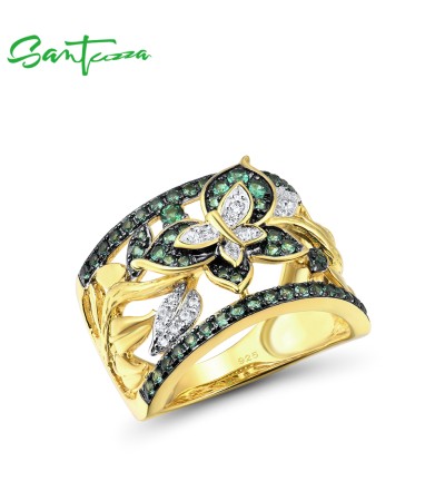 SANTUZZA 925 Sterling Silver Rings Green Spinel Butterfly Ring Jewelry - US 8
