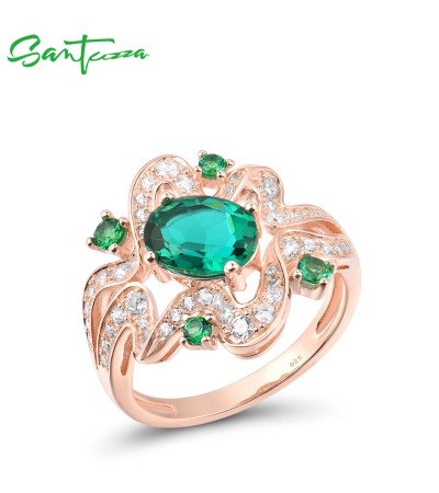 SANTUZZA Silver Ring 925 Sterling Silver White Cubic Zirconia Green Stones Ring Jewelry - US 7