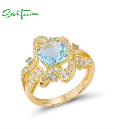 SANTUZZA 925 Sterling Silver Ring White Cubic Zirconia Blue Stones Gold Color Ring Fine Jewelry - US 7