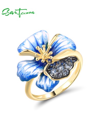 SANTUZZA 925 Sterling Silver Rings Blue Spinel Enamel Flower Jewelry - US 9
